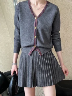 COMMENSE V-Neck Pleated Jersey Skirt Set* Skirt Sets|Long Sleeve Sets