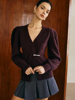 COMMENSE V-Neck Puff-Sleeve Cardigan* Cardigans|Sweaters & Cardigans