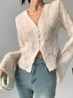 COMMENSE V-Neck Ruffle Long Sleeve Blouse* Blouses & Shirts|Tops