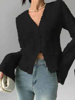 COMMENSE V-Neck Ruffle Long Sleeve Blouse* Blouses & Shirts|Tops