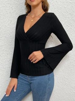 COMMENSE V-Neck Ruffle Slim Top* T-shirts|Tops
