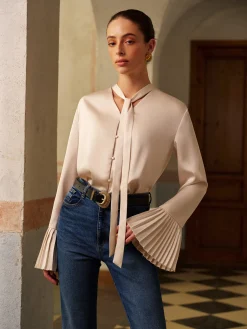 COMMENSE V-Neck Satin Pleated Shirt With Ribbon* Tops