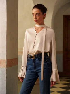 COMMENSE V-Neck Satin Pleated Shirt With Ribbon* Tops