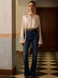 COMMENSE V-Neck Satin Pleated Shirt With Ribbon* Tops