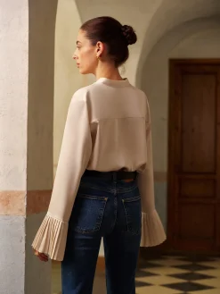 COMMENSE V-Neck Satin Pleated Shirt With Ribbon* Tops