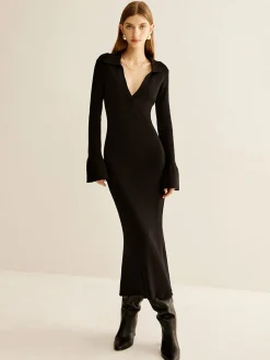 COMMENSE V-Neck Slim Lapel Sweater Dress* Black Dresses|Sweater Dresses