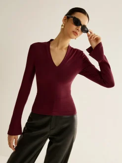 COMMENSE V-Neck Slit-Cuff Jersey Blouse* Blouses & Shirts|Tops