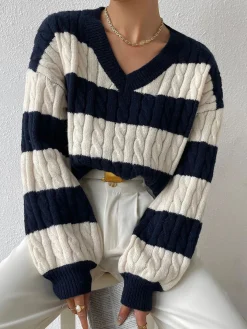COMMENSE V-Neck Striped Cable Sweater* Sweater Tops|Sweaters & Cardigans