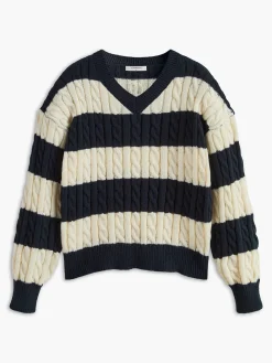 COMMENSE V-Neck Striped Cable Sweater* Sweater Tops|Sweaters & Cardigans