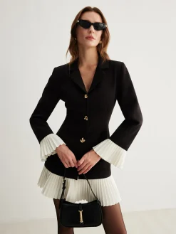 COMMENSE V-Neck Two-Tone Pleated Button Dress* Black Dresses|Casual Dresses
