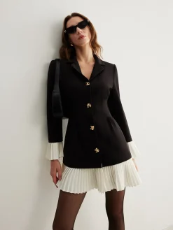 COMMENSE V-Neck Two-Tone Pleated Button Dress* Black Dresses|Casual Dresses