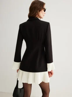 COMMENSE V-Neck Two-Tone Pleated Button Dress* Black Dresses|Casual Dresses