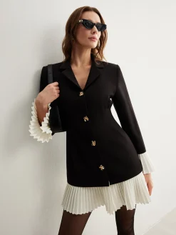 COMMENSE V-Neck Two-Tone Pleated Button Dress* Casual Dresses|Work Dresses