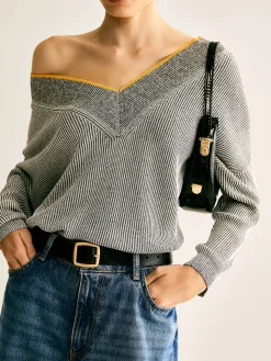COMMENSE V-Neck Two-Tone Rib Knit Top* Sweater Tops|Sweaters & Cardigans