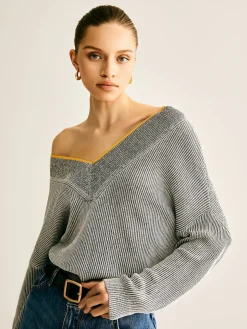 COMMENSE V-Neck Two-Tone Rib Knit Top* Sweater Tops|Sweaters & Cardigans