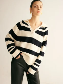 COMMENSE V-Neck Two-Tone Striped Polo Sweater* Sweater Tops|Sweaters & Cardigans