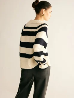 COMMENSE V-Neck Two-Tone Striped Polo Sweater* Sweater Tops|Sweaters & Cardigans