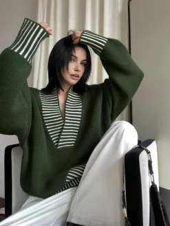 COMMENSE V-Neck Two-Tone Striped Sweater* Sweater Tops|Sweaters & Cardigans