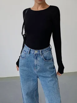 COMMENSE V-Shape Open Back Long Sleeve Shirt* Sweater Tops|T-shirts