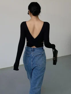 COMMENSE V-Shape Open Back Long Sleeve Shirt* Sweater Tops|T-shirts