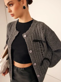 COMMENSE Wave Trim Bow Breasted Cardigan* Cardigans|Sweaters & Cardigans