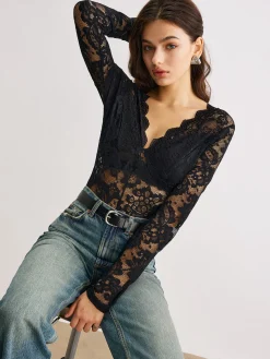 COMMENSE Wave Trim Lace Panel Bodysuit* Bodysuits|Bodysuits