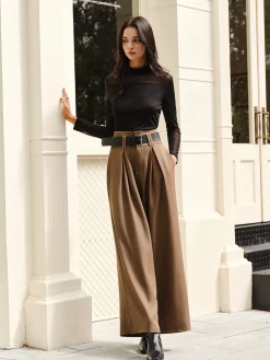 COMMENSE Wide-Leg Pleated Belted Pants* Pants