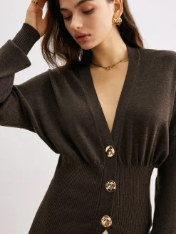 COMMENSE Wool-Blend Cinched Button Knit Outerwear* Sweater Tops|Outerwear