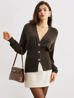 COMMENSE Wool-Blend Cinched Button Knit Outerwear* Sweater Tops|Outerwear
