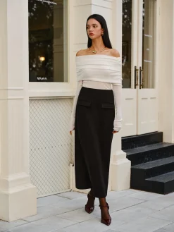 COMMENSE Wool-Blend Cold-Shoulder Ruched Knit Top* Sweater Tops|Sweaters & Cardigans