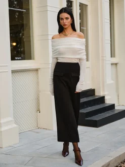 COMMENSE Wool-Blend Cold-Shoulder Ruched Knit Top* Sweater Tops|Sweaters & Cardigans