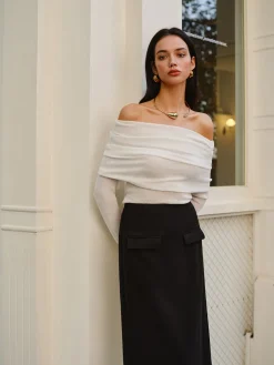 COMMENSE Wool-Blend Cold-Shoulder Ruched Knit Top* Sweater Tops|Sweaters & Cardigans