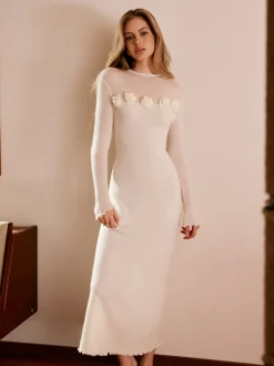 COMMENSE Wool-Blend 3D Flower Lettuce Trim Sweater Dress* White Dresses|Sweater Dresses
