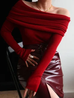 COMMENSE Wool-Blend Elegant Ruched Slim Sweater* Sweater Tops|Sweaters & Cardigans