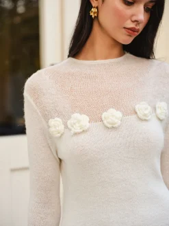 COMMENSE Wool-Blend Floral Sweater Panel Dress* White Dresses|Sweater Dresses