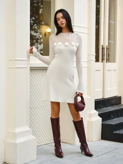 COMMENSE Wool-Blend Floral Sweater Panel Dress* White Dresses|Sweater Dresses