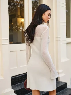 COMMENSE Wool-Blend Floral Sweater Panel Dress* White Dresses|Sweater Dresses