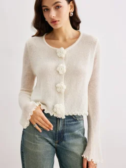COMMENSE Wool-Blend Lettuce Trim 3D Flower Cardigan* Cardigans|Sweaters & Cardigans
