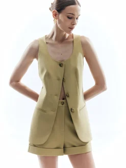 COMMENSE Woolen Button Split Pleated Vest* Outerwear|Vests