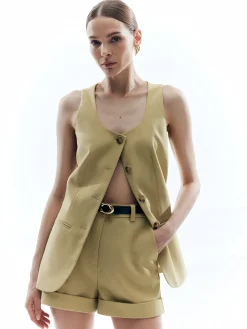 COMMENSE Woolen Button Split Pleated Vest* Outerwear|Vests