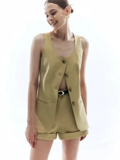 COMMENSE Woolen Button Split Pleated Vest* Outerwear|Vests