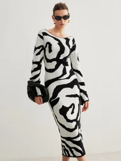 COMMENSE Zebra Bell Sleeve Sweater Dress* White Dresses|Sweater Dresses