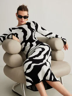 COMMENSE Zebra Bell Sleeve Sweater Dress* White Dresses|Sweater Dresses