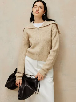 COMMENSE Zipper Pluffy Knit Outerwear* Sweater Tops|Outerwear
