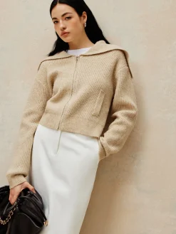 COMMENSE Zipper Pluffy Knit Outerwear* Sweater Tops|Outerwear