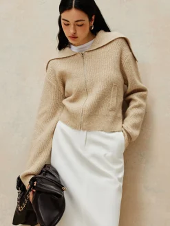 COMMENSE Zipper Pluffy Knit Outerwear* Sweater Tops|Outerwear