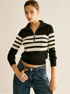 COMMENSE Zipper Striped Knit Top* Knitwear|Tops